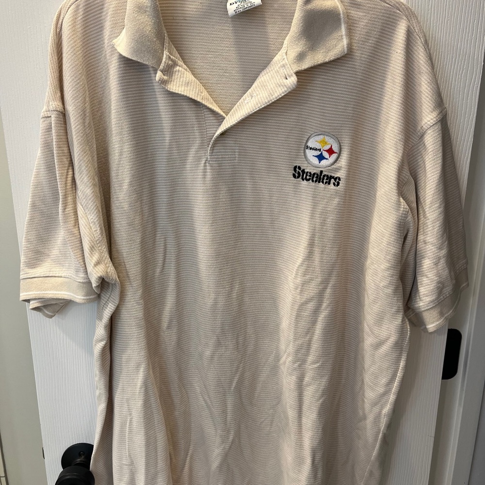 Steelers Men's Polo Shirt - Beige and white striped size XXL collared